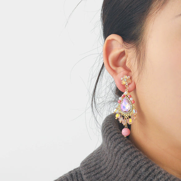 Women's Fashion Crystal Rhinestone Flower Tassel Earrings Set With Diamonds