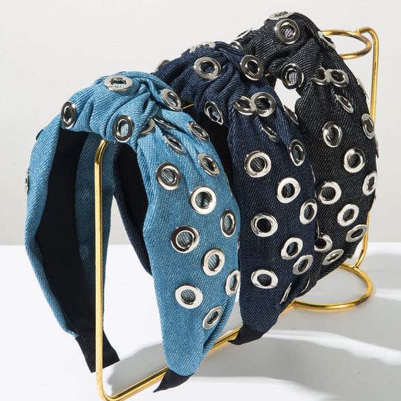 Women's Fashion Denim Fabric Geometric Headband With Electroplating Accessories