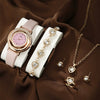 Women's Fashion Diamond Pu Leather Strap Alloy Case Round Dial Quartz Watch With Stainless Steel Clasp And Ordinary Glass Mirror