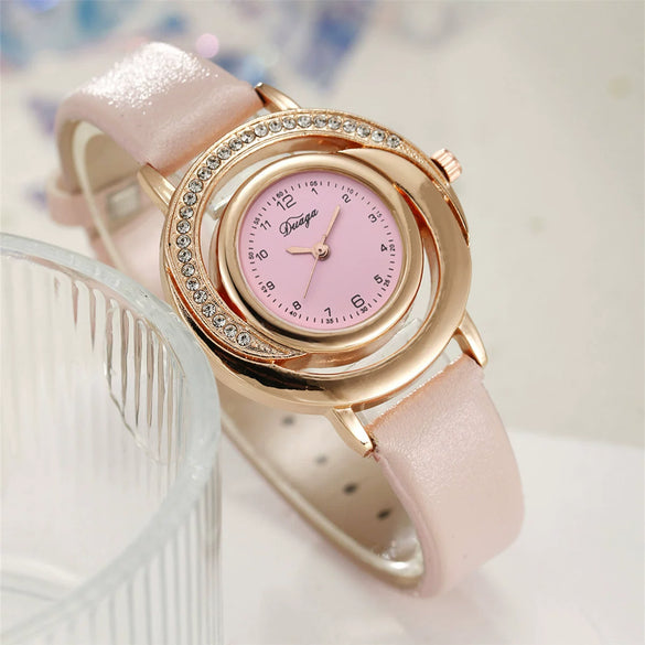 Women's Fashion Diamond Pu Leather Strap Alloy Case Round Dial Quartz Watch With Stainless Steel Clasp And Ordinary Glass Mirror