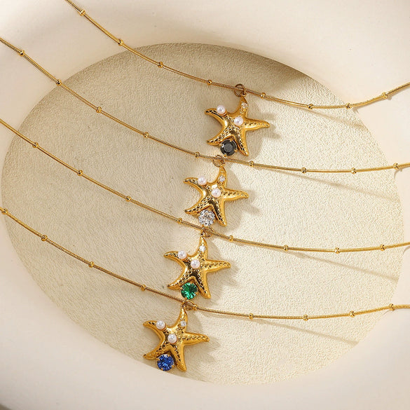 Women's Fashion Elegant Necklace Fivepointed Star Zircon Pearl Clavicle Chain Titanium Steel Stainless Steel Electroplated Flower Style