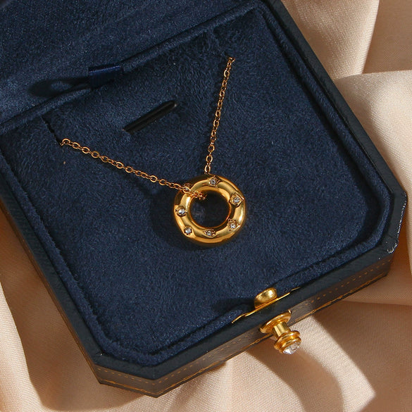 Women's Fashion Elegant Ring Buckle Ear Ring And Donut Pendant Necklace Stainless Steel 18K Gold Plated With Geometric Design
