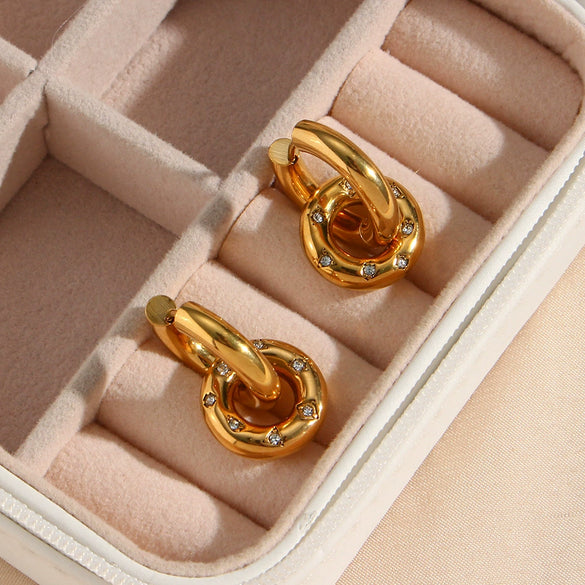 Women's Fashion Elegant Ring Buckle Ear Ring And Donut Pendant Necklace Stainless Steel 18K Gold Plated With Geometric Design