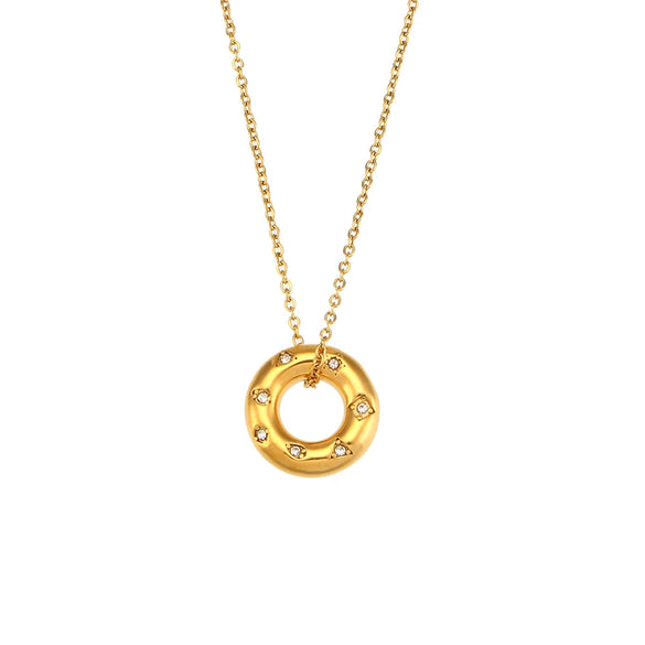 Women's Fashion Elegant Ring Buckle Ear Ring And Donut Pendant Necklace Stainless Steel 18K Gold Plated With Geometric Design