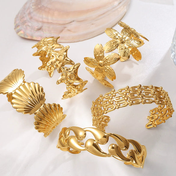 Women's Fashion Exaggerated Design Flower Starfish Water Drop Open 316L Stainless Steel Electroplating Bracelet