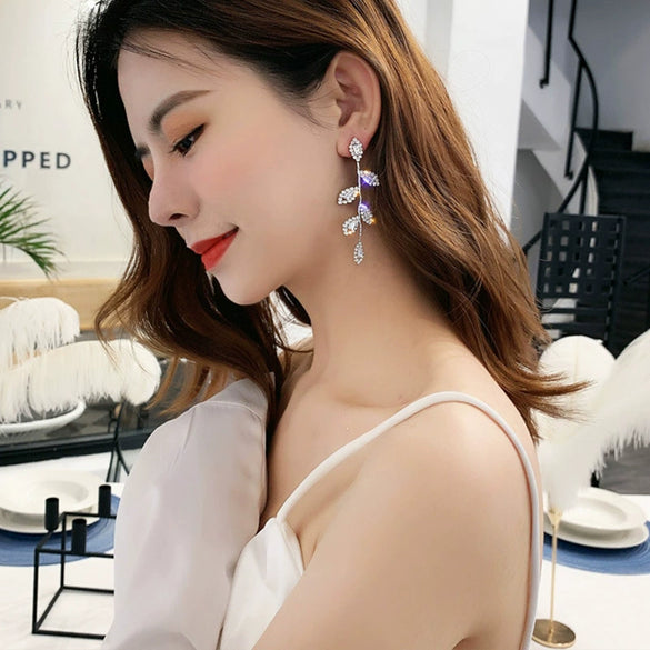 Women's Fashion Exaggerated Long Elegant Tassel Earrings 925 Silver Copper Leaves Design