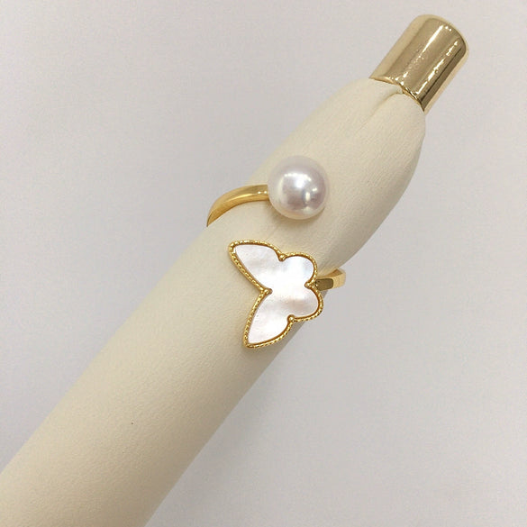 Women's Fashion Exquisite Natural Sea Shell Butterfly Copper Ring With Freshwater Pearls