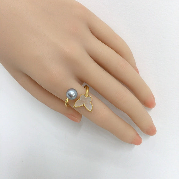 Women's Fashion Exquisite Natural Sea Shell Butterfly Copper Ring With Freshwater Pearls