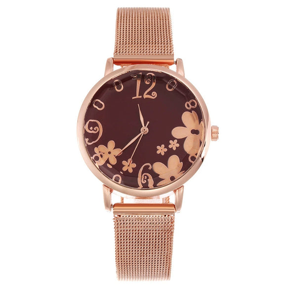 Women's Fashion Flower Quartz Watch With Alloy Case Metal Strap And Stainless Steel Clasp Round Dial