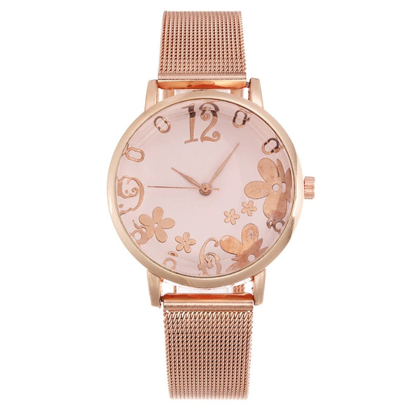 Women's Fashion Flower Quartz Watch With Alloy Case Metal Strap And Stainless Steel Clasp Round Dial