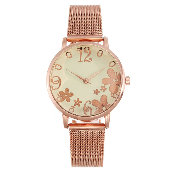 Women's Fashion Flower Quartz Watch With Alloy Case Metal Strap And Stainless Steel Clasp Round Dial