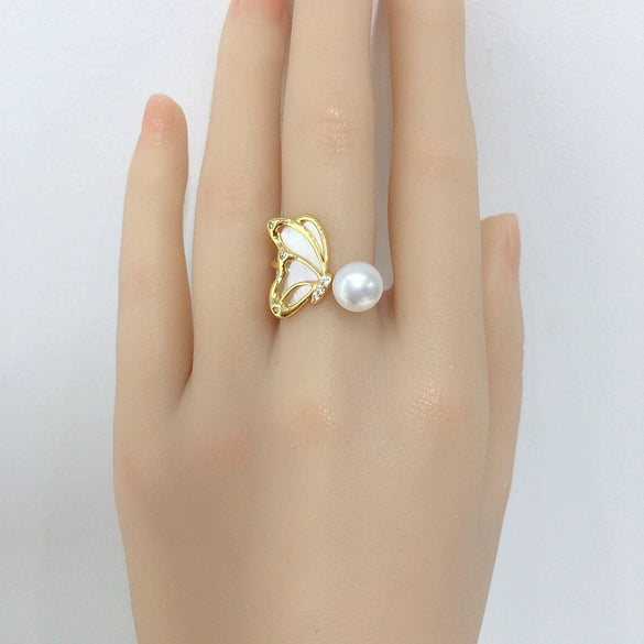 Women's Fashion Freshwater Pearl Ring Copper 18K Goldfilled Round Natural Sea Motherofpearl Coreless