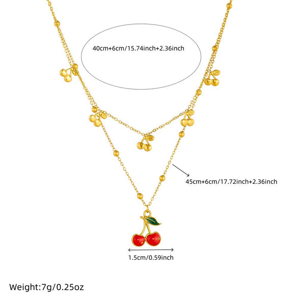 Women's Fashion Fruit Style Stainless Steel Cherry Pendant Doublelayered O Word Chain Necklace With Electroplating