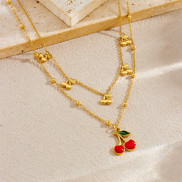 Women's Fashion Fruit Style Stainless Steel Cherry Pendant Doublelayered O Word Chain Necklace With Electroplating