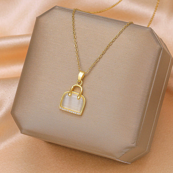 Women's Fashion Geometric Cat's Eye Bag Pendant Necklace Titanium Steel Copper Jewelry O Chain Diamond Design