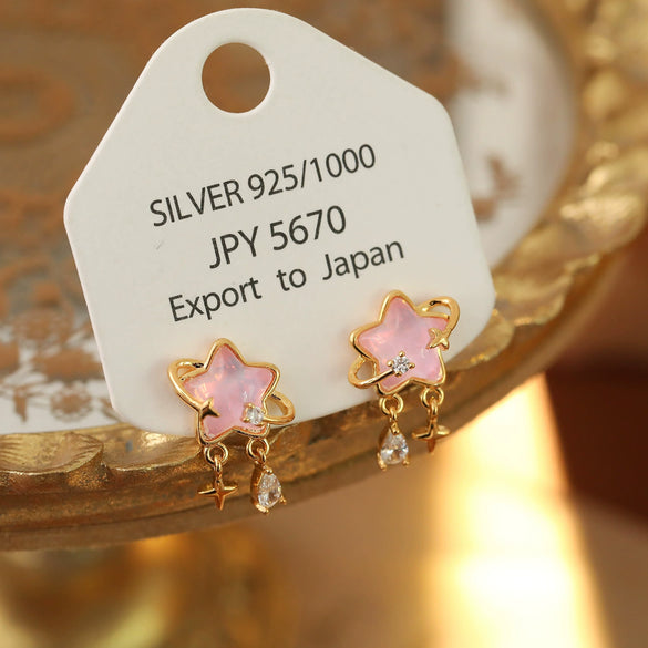 Women's Fashion Geometric Copper Earrings With Surrounding Stars Blue Glass Fairy Tassels Electroplated