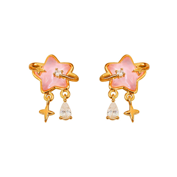 Women's Fashion Geometric Copper Earrings With Surrounding Stars Blue Glass Fairy Tassels Electroplated