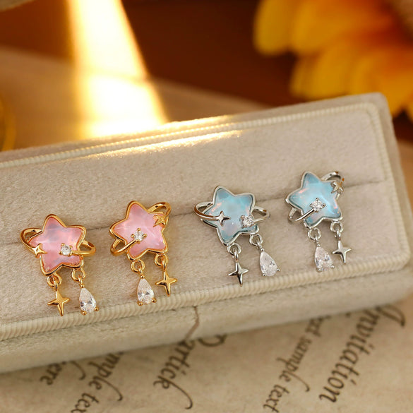 Women's Fashion Geometric Copper Earrings With Surrounding Stars Blue Glass Fairy Tassels Electroplated