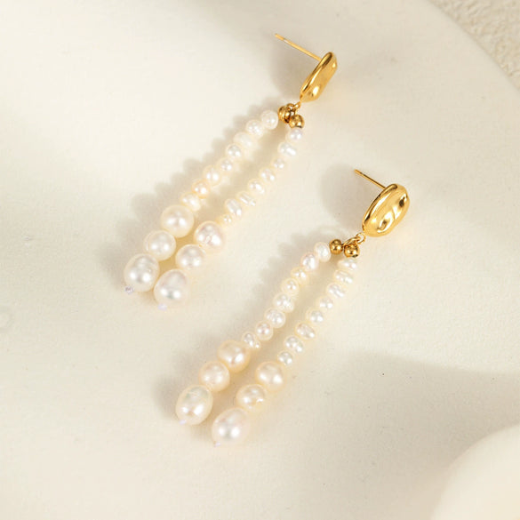 Women's Fashion Geometric Freshwater Pearl Rice Beads Tassel Earrings Stainless Steel 18K Gold Plated