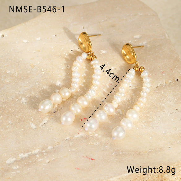 Women's Fashion Geometric Freshwater Pearl Rice Beads Tassel Earrings Stainless Steel 18K Gold Plated