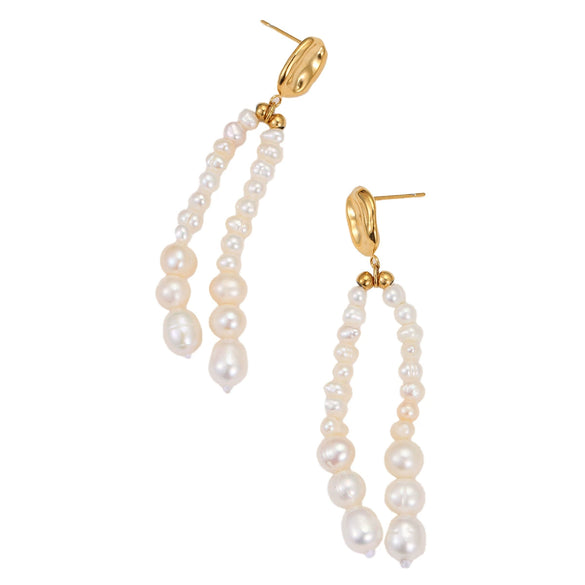 Women's Fashion Geometric Freshwater Pearl Rice Beads Tassel Earrings Stainless Steel 18K Gold Plated