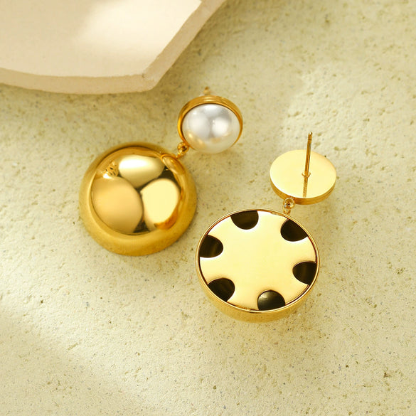 Women's Fashion Geometric Inlaid Pearl Hemisphere Stainless Steel 18K Electroplated Earrings
