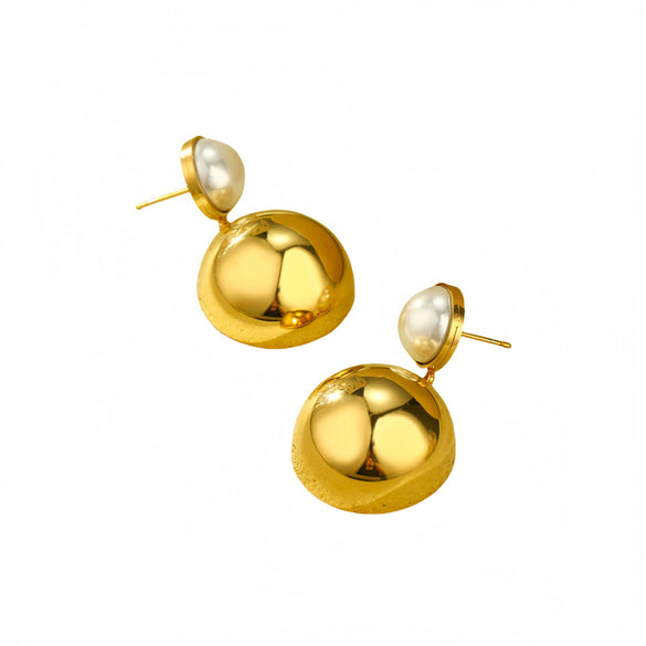 Women's Fashion Geometric Inlaid Pearl Hemisphere Stainless Steel 18K Electroplated Earrings