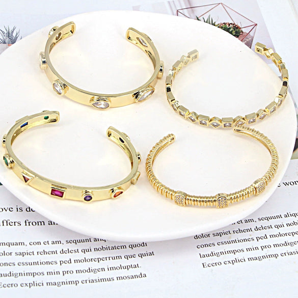 Women's Fashion Geometric Open Bracelet Copper Gold Plated Electroplated White Zircon Inlay Bangle With Creative Personality Style