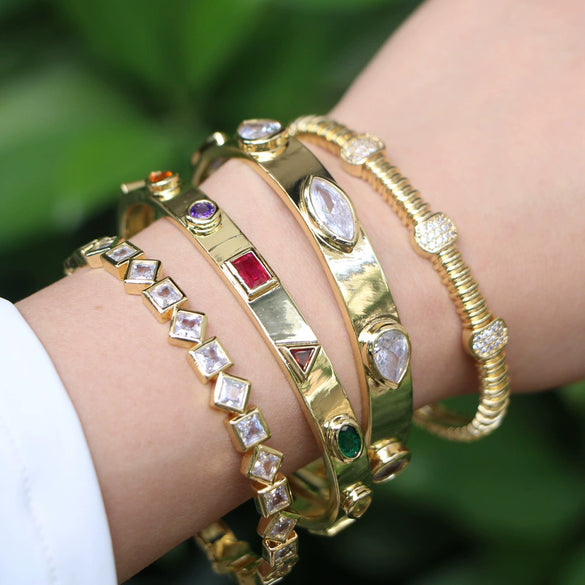 Women's Fashion Geometric Open Bracelet Copper Gold Plated Electroplated White Zircon Inlay Bangle With Creative Personality Style