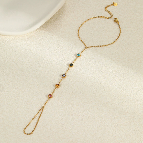 Women's Fashion Geometric Stainless Steel And 18K Inlaid Color Zircon Finger Bracelet And Clavicle Chain Jewelry With Electroplating