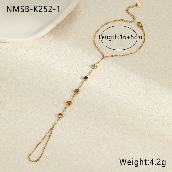 Women's Fashion Geometric Stainless Steel And 18K Inlaid Color Zircon Finger Bracelet And Clavicle Chain Jewelry With Electroplating