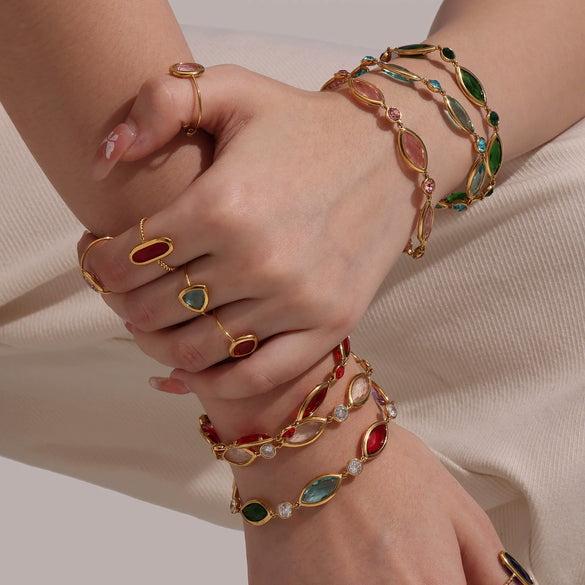 Women's Fashion Geometric 316L Stainless Steel 18K Gold Plated Crystal Glass Bracelet Jewelry