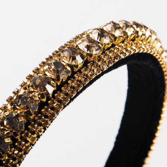 Women's Fashion Gold Velvet Multi Layer Rhinestone Headband Elegant Handmade Thin Edge Hair Band Hair Accessory