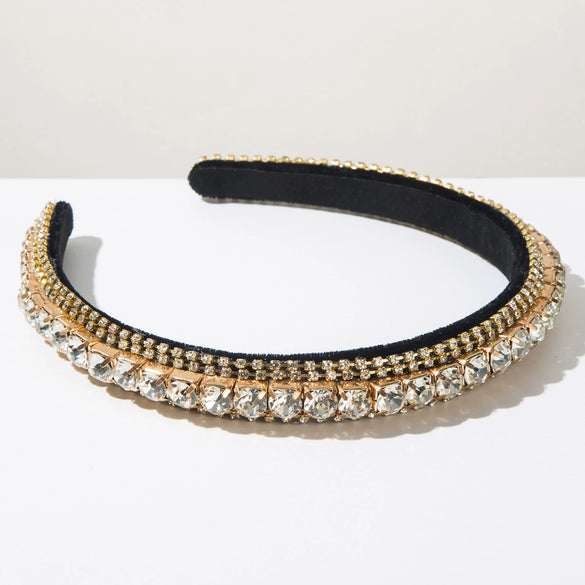 Women's Fashion Headband Rhinestone Diamond Gold Velvet Baroque Geometric Style