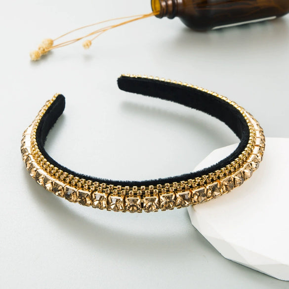 Women's Fashion Headband Rhinestone Diamond Gold Velvet Baroque Geometric Style