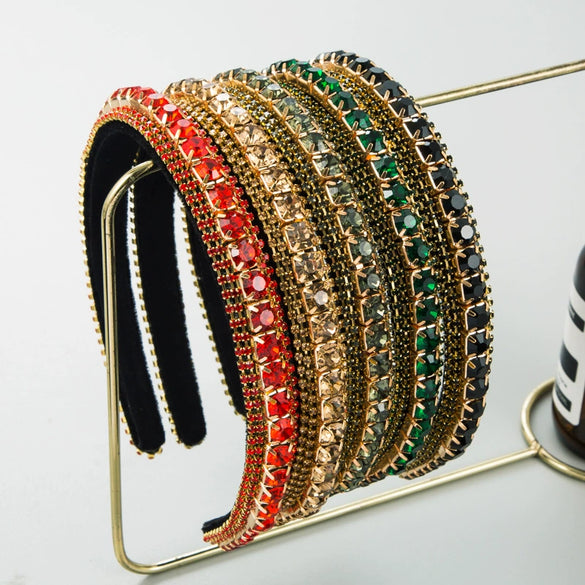 Women's Fashion Headband Rhinestone Diamond Gold Velvet Baroque Geometric Style