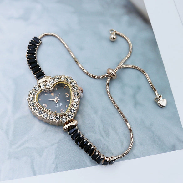Women's Fashion Heartshaped Alloy Bracelet Watch With Diamondencrusted And Printed Logo