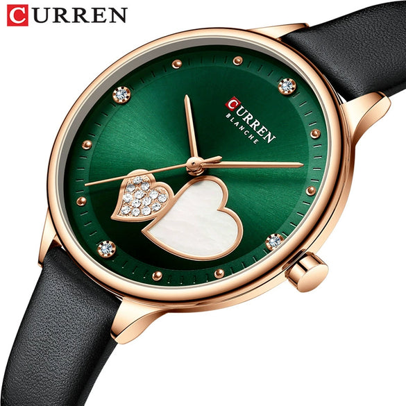 Women's Fashion Heartshaped Rhinestone Metal Case Imitation Leather Strap Waterproof Quartz Belt Watch