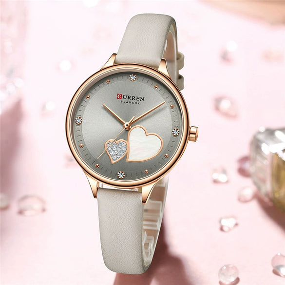 Women's Fashion Heartshaped Rhinestone Metal Case Imitation Leather Strap Waterproof Quartz Belt Watch