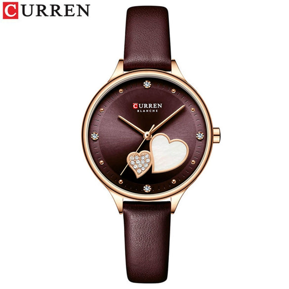 Women's Fashion Heartshaped Rhinestone Metal Case Imitation Leather Strap Waterproof Quartz Belt Watch