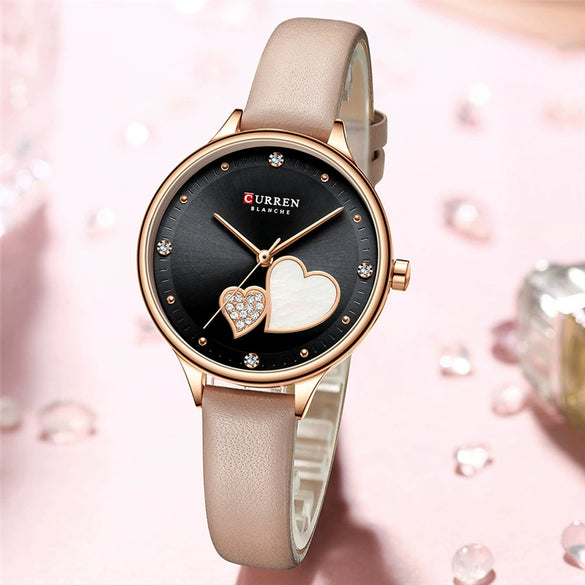 Women's Fashion Heartshaped Rhinestone Metal Case Imitation Leather Strap Waterproof Quartz Belt Watch