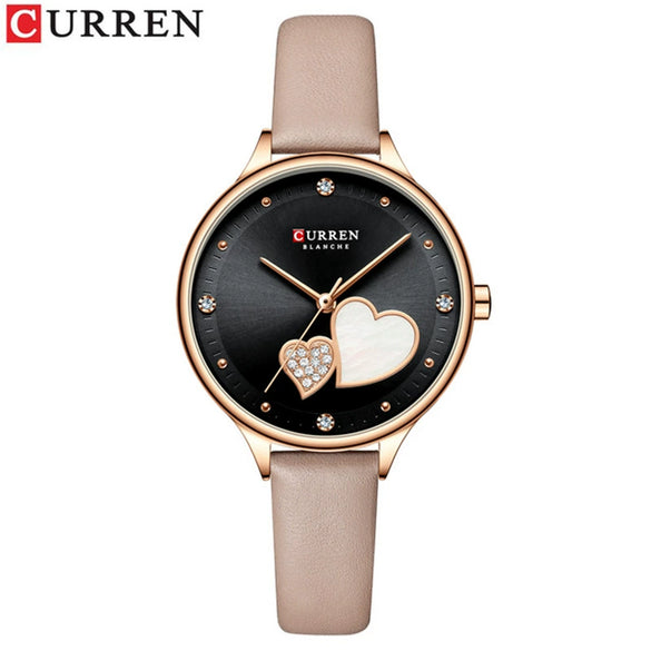 Women's Fashion Heartshaped Rhinestone Metal Case Imitation Leather Strap Waterproof Quartz Belt Watch
