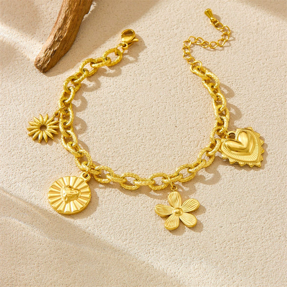 Women's Fashion Heavy Metal Stainless Steel Chain Bracelet With Gold Plated Flower Pendant