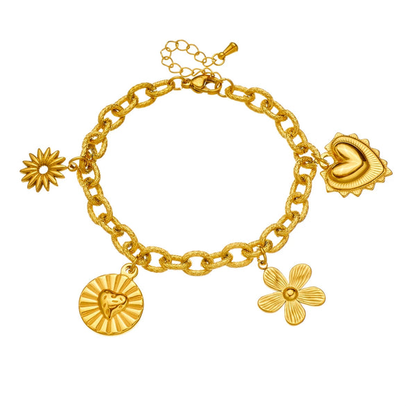 Women's Fashion Heavy Metal Stainless Steel Chain Bracelet With Gold Plated Flower Pendant
