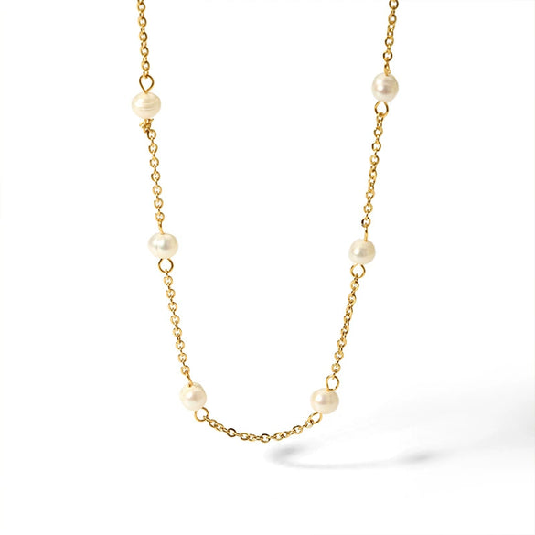 Women's Fashion High End Light Luxury Niche Stainless Steel Clavicle Chain Necklace With 18K Gold Pvdp Furnace Real Gold Treatment And Natural Freshwater Pearl And Geometric Design