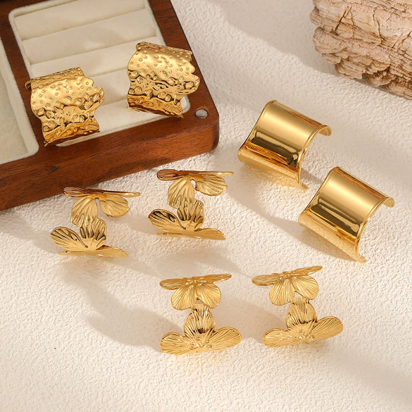 Women's Fashion Highend Geometric Cshaped Stainless Steel Earrings With Flower Pattern 18K Goldplated