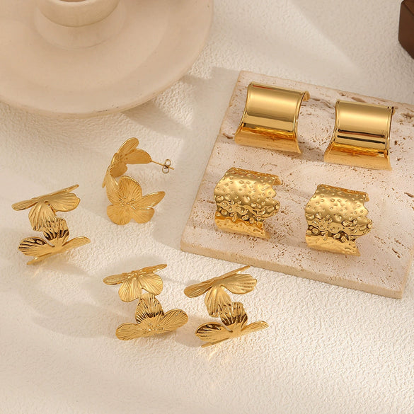 Women's Fashion Highend Geometric Cshaped Stainless Steel Earrings With Flower Pattern 18K Goldplated