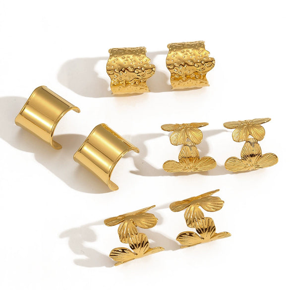 Women's Fashion Highend Geometric Cshaped Stainless Steel Earrings With Flower Pattern 18K Goldplated