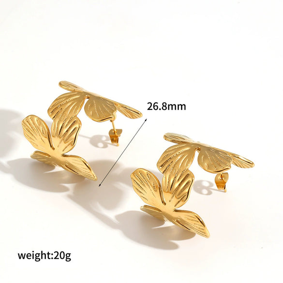 Women's Fashion Highend Geometric Cshaped Stainless Steel Earrings With Flower Pattern 18K Goldplated