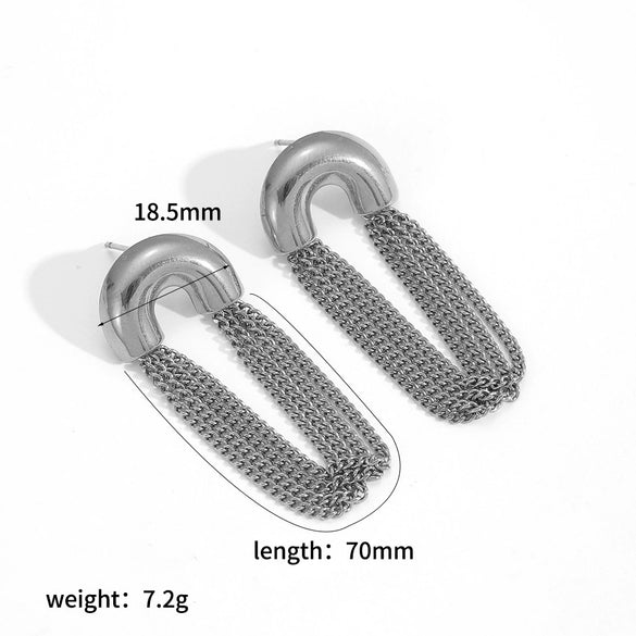 Women's Fashion Highend Tassel Chain Earrings Stainless Steel Ushaped Geometric 18K Goldplated